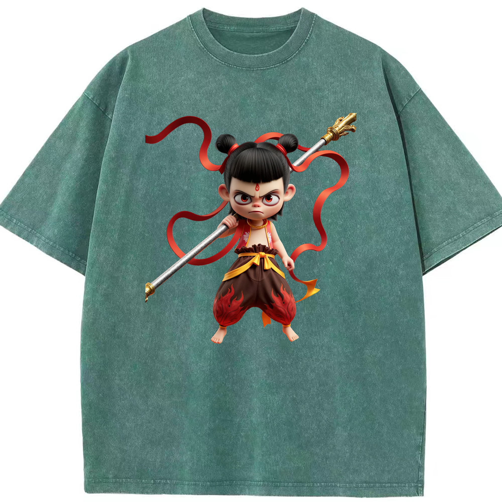 （画像用） Ne Zha 2 ナタ 魔童の大暴れ 綿100% ヴィンテージ風 半袖Tシャツ（フロントプリント）